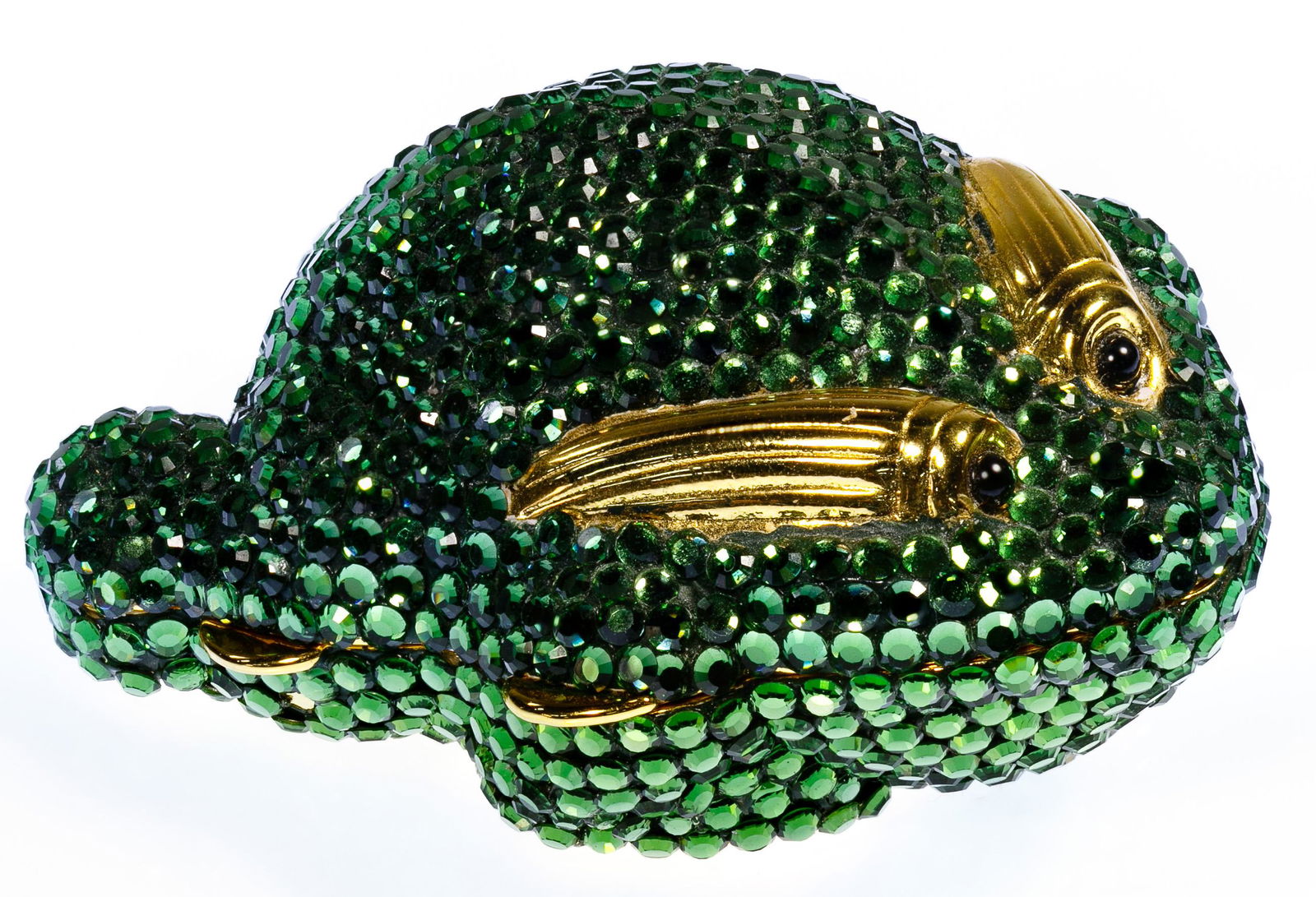 Judith Leiber Frog Pillbox: Judith Leiber Frog Pillbox Covered with small round cut green crystals and having black bead eyes; signed on inside lip Condition: Very Good, overall very light wear Height: 1.00 inches, Length: 2.50