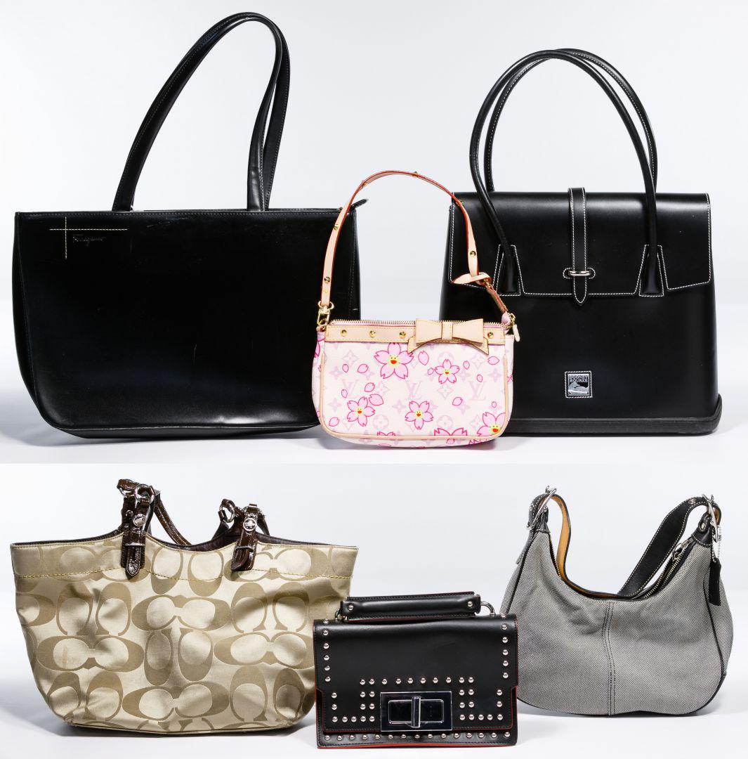 Designer Purse Assortment: Designer Purse Assortment Six items including Dooney & Bourke black leather, Vittoria Napoli black leather, Ferragamo black leather, Coach black and white fabric having leather accents, Coach tan fabr