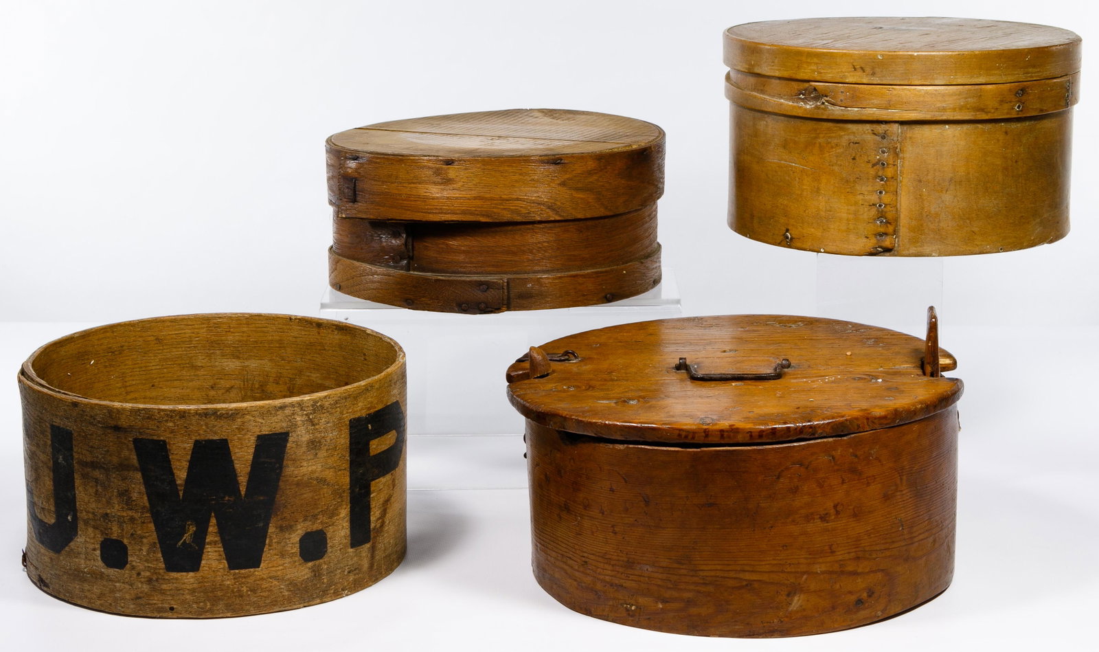 Bentwood Box Assortment: Bentwood Box Assortment Four items including two Shaker style pantry boxes, a box having stenciled 'J.W.P.' and a willow splint sewn Swedish box having staple mounted bail handle and hasp and wooden l