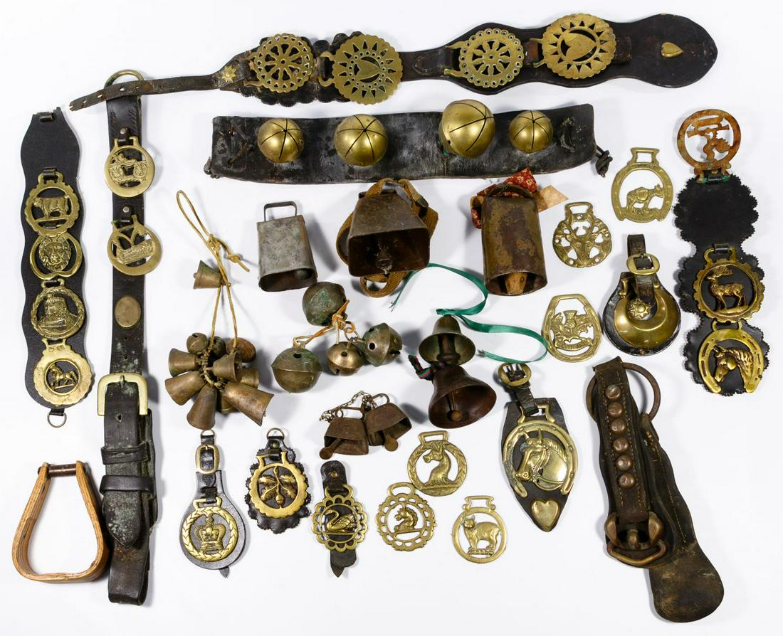 Bell and Tack Brass Assortment: Bell and Tack Brass Assortment Sleigh and animal bells on leather and horse brasses with a leather strap Condition: Very Good to Fair, light to heavy wear consistent with age and use, rust, tarnish, l