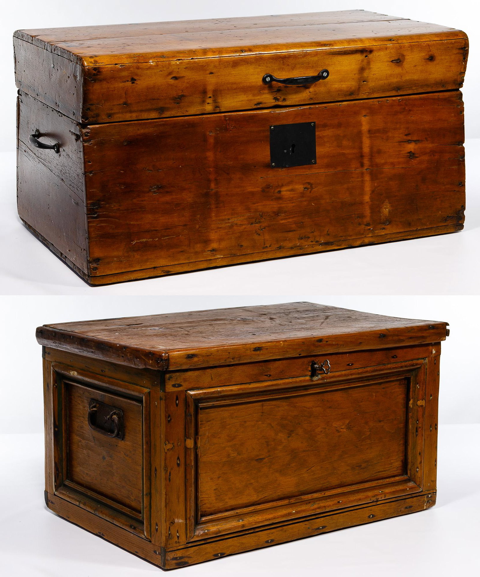 Primitive Wood Chest and Case: Primitive Wood Chest and Case Two items including a wood chest having paneled sides, metal handles and a key; and a wood case having an inverted lid face, metal handles and a front metal keyhole plate