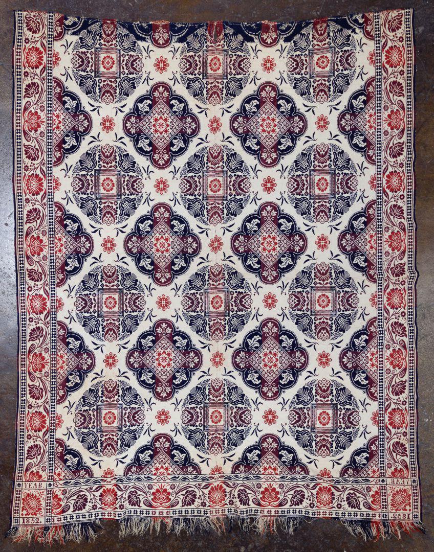 1852 Coverlet and Islamic Shawl: 1852 Coverlet and Islamic Shawl Coverlet woven in two sections and seamed, date woven along edge as well as a multi-colored shawl, cream fringe Condition: Good, coverlet fringe worn and missing, some 