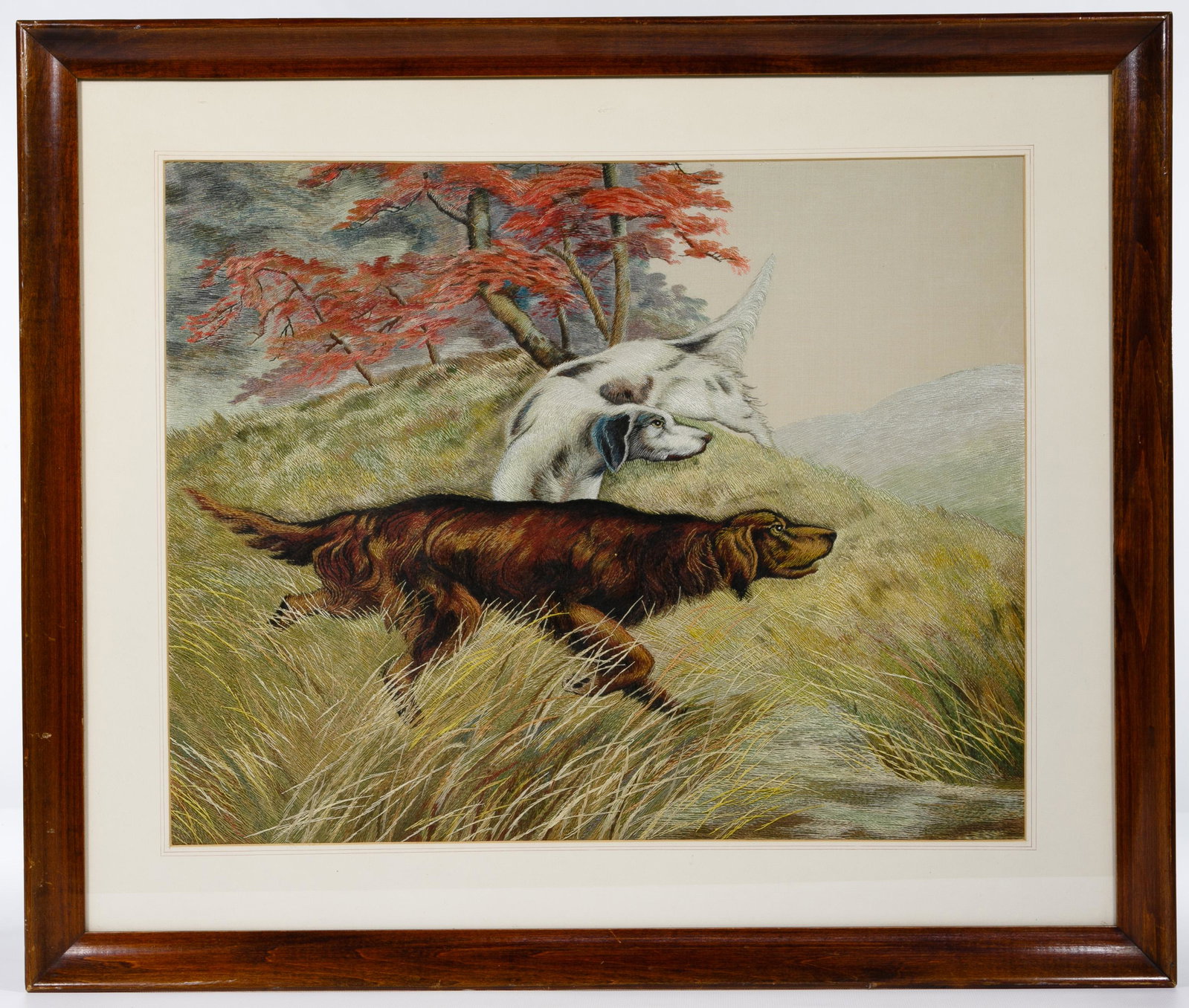 Silk Embroidered 'Setter' Tapestry: Silk Embroidered 'Setter' Tapestry Copy of a bird hunting painting done in long stitches of single silk threads, English and Irish setters working in tall grass; mounted and matted under glass, framed