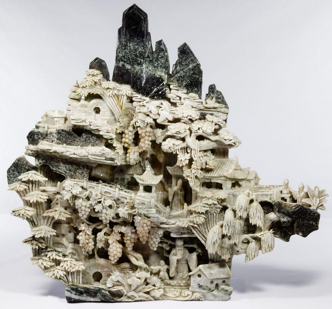 Asian Carved Jadeite Jade Scenic Panel: Asian Carved Jadeite Jade Scenic Panel High relief carving of a mountain village amidst willows, bamboo and grapevines; stone shading from pale celadon to dark forest green colors Condition: Good, ove