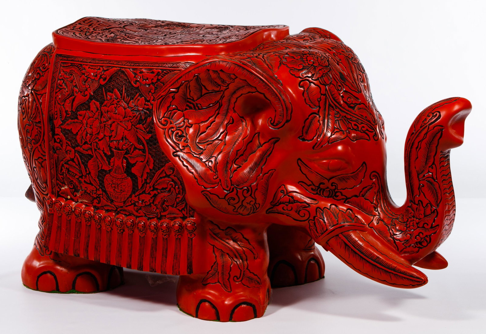 Asian Cinnabar Style Elephant Stool: Asian Cinnabar Style Elephant Stool Large red resin cinnabar style elephant garden stool, intricately molded overall Condition: Very Good, no damage noted, overall light wear consistent with age and n