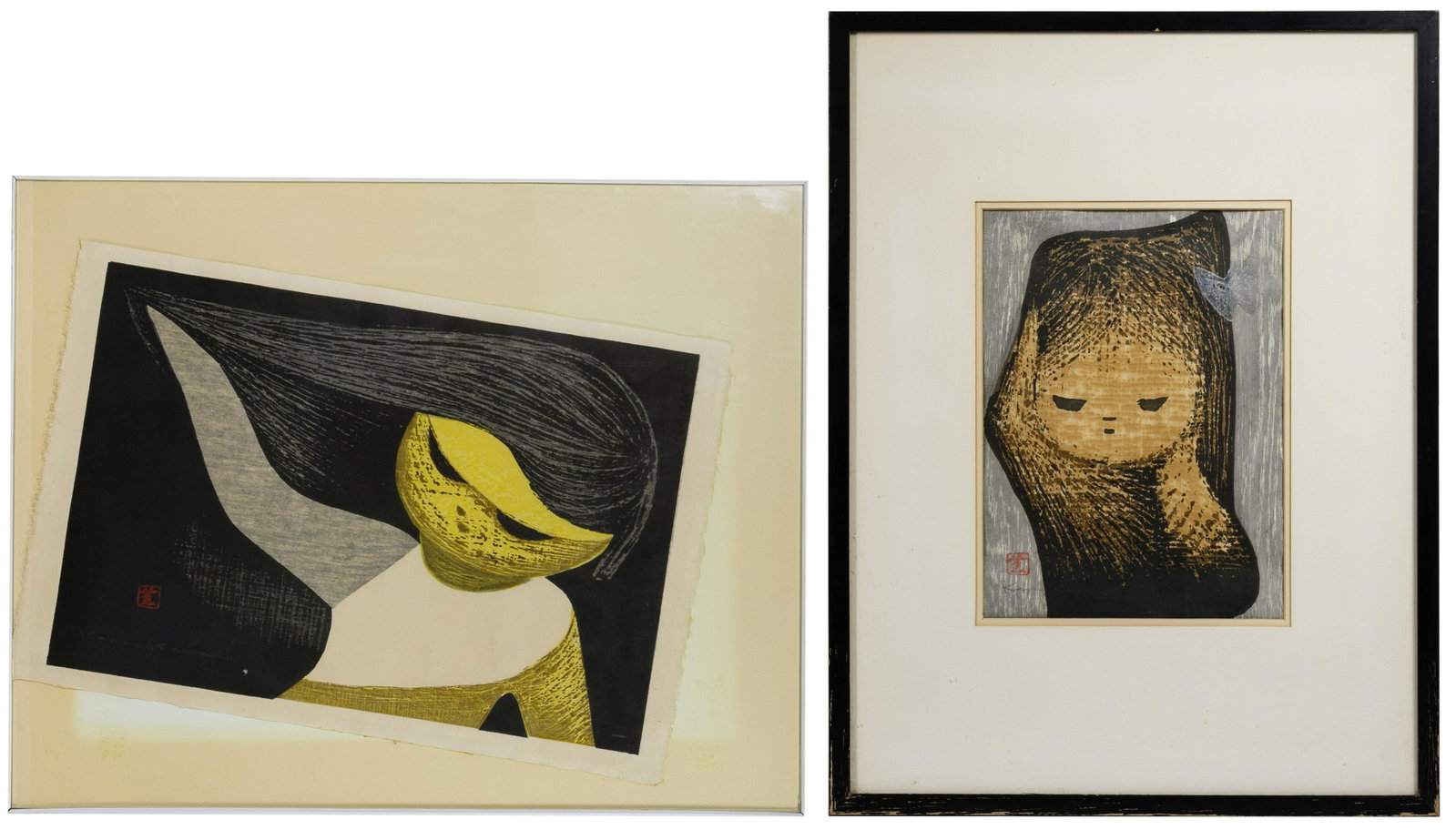 Kaoru Kawano (Japanese, 1916-1965) Woodblock Prints: Kaoru Kawano (Japanese, 1916-1965) Woodblock Prints MCM, both pencil signed below artist chop mark lower left, 'Gentle Breeze' depicting a girl with wind-blown hair and 'Girl and Silver Butterfly'; bo