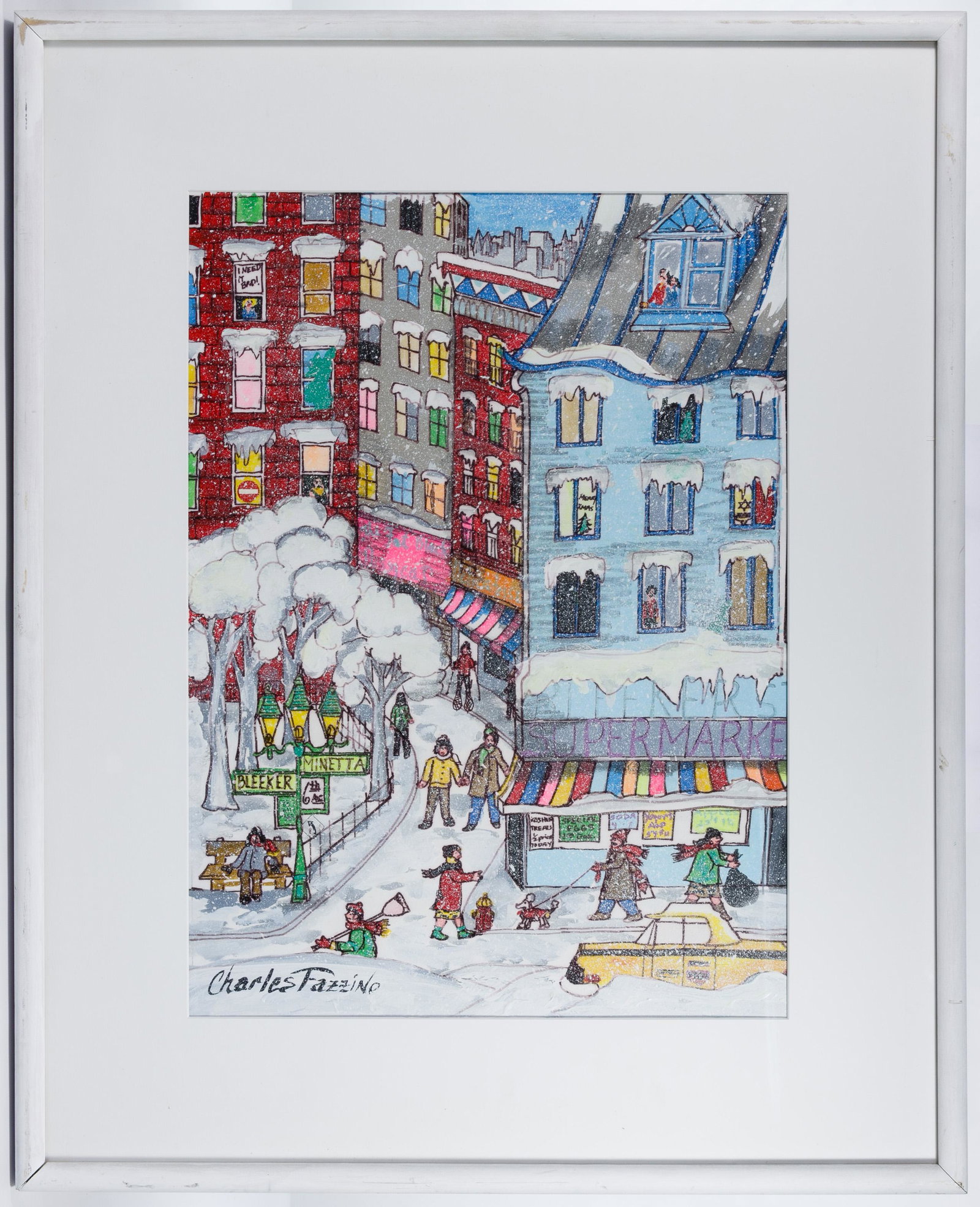 Charles Fazzino (American, b.1955) Acrylic on Paper: Charles Fazzino (American, b.1955) Acrylic on Paper Undated, signed lower left, depicting a winter street scene in New York City, white painted wood frame Condition: Very Good, light dirt accumulation