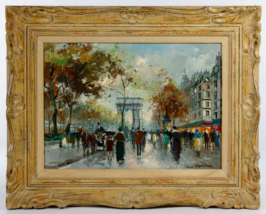 Antoine Blanchard (French, 1910-1988) "Arc de Triomphe": Antoine Blanchard (French, 1910-1988) 'Arc de Triomphe' Oil on Canvas Undated, signed lower right, depicting a Paris street scene; attached paper label en verso from W.J. Burger Gallery; in the Antoin