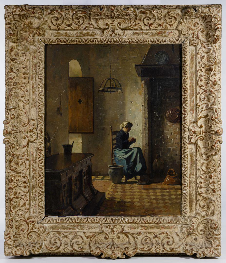 Evert Jan Ligtelijn (Dutch, 1893-1975) 'Seated Woman': Evert Jan Ligtelijn (Dutch, 1893-1975) 'Seated Woman near Fire' Oil on Board Undated, signed lower left, Dutch interior scene in the manner of the 17th century Old Masters, in a cream and gold Baroque