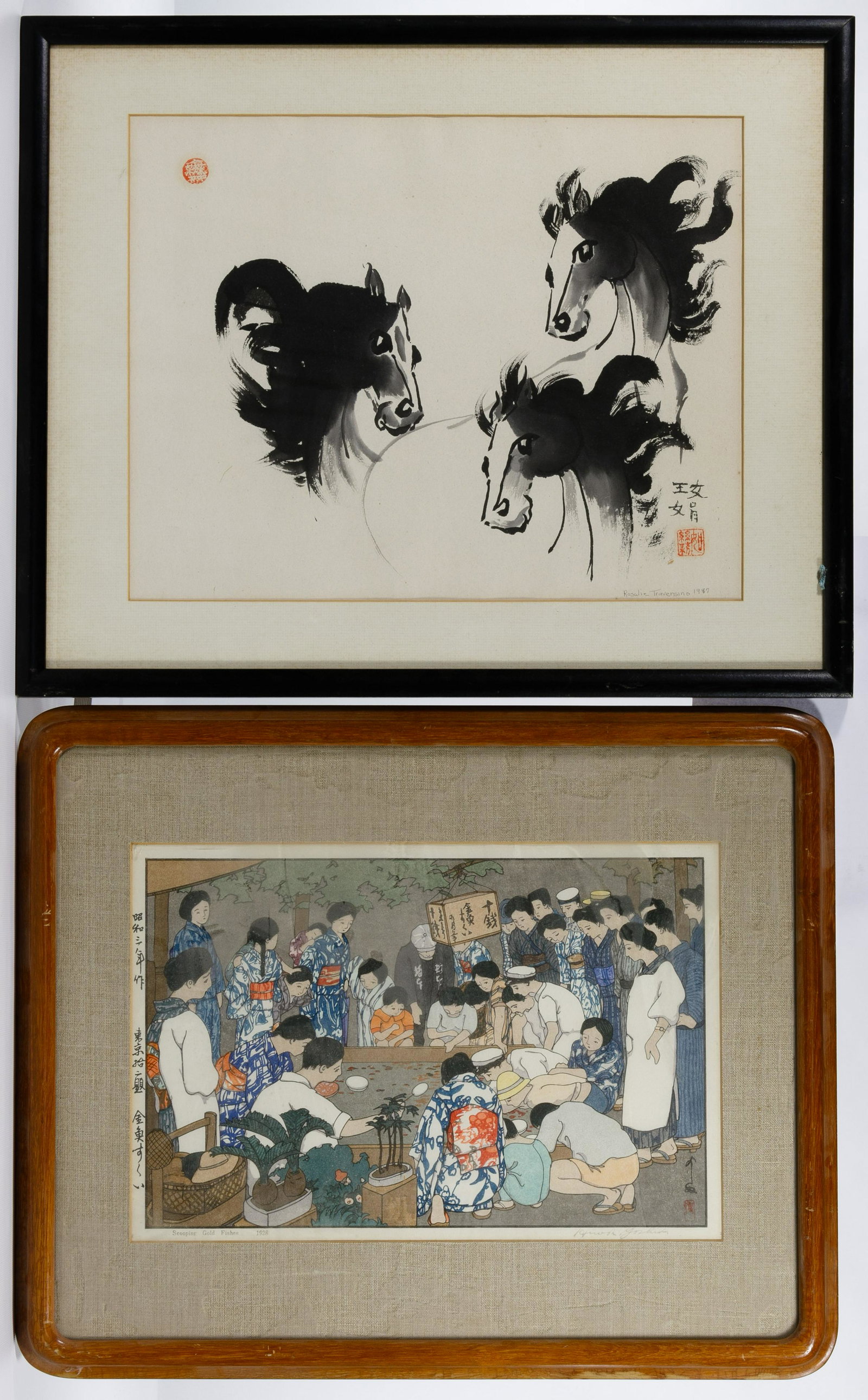 Yoshida Hiroshi (Japanese, 1876-1950) 'Scooping Gold: Yoshida Hiroshi (Japanese, 1876-1950) 'Scooping Gold Fishes' Woodblock Print 1928, signed lower right, depicting group of people around a large tub of gold fish; together with an ink and watercolor of
