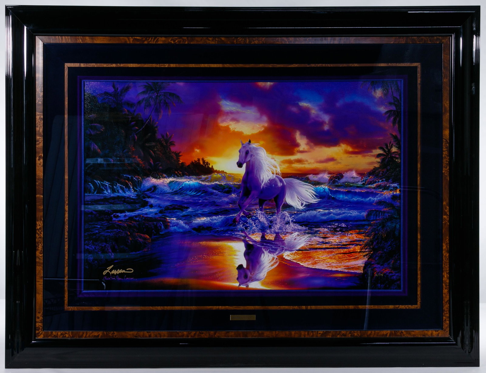 Christian Riese Lassen (American, b.1956) "Free Spirit": Christian Riese Lassen (American, b.1956) 'Free Spirit' Giclee on Canvas Undated, signed lower left, # 16/175; depicting a wild white horse, framed in black lacquer shadow box frame Condition: Very Go