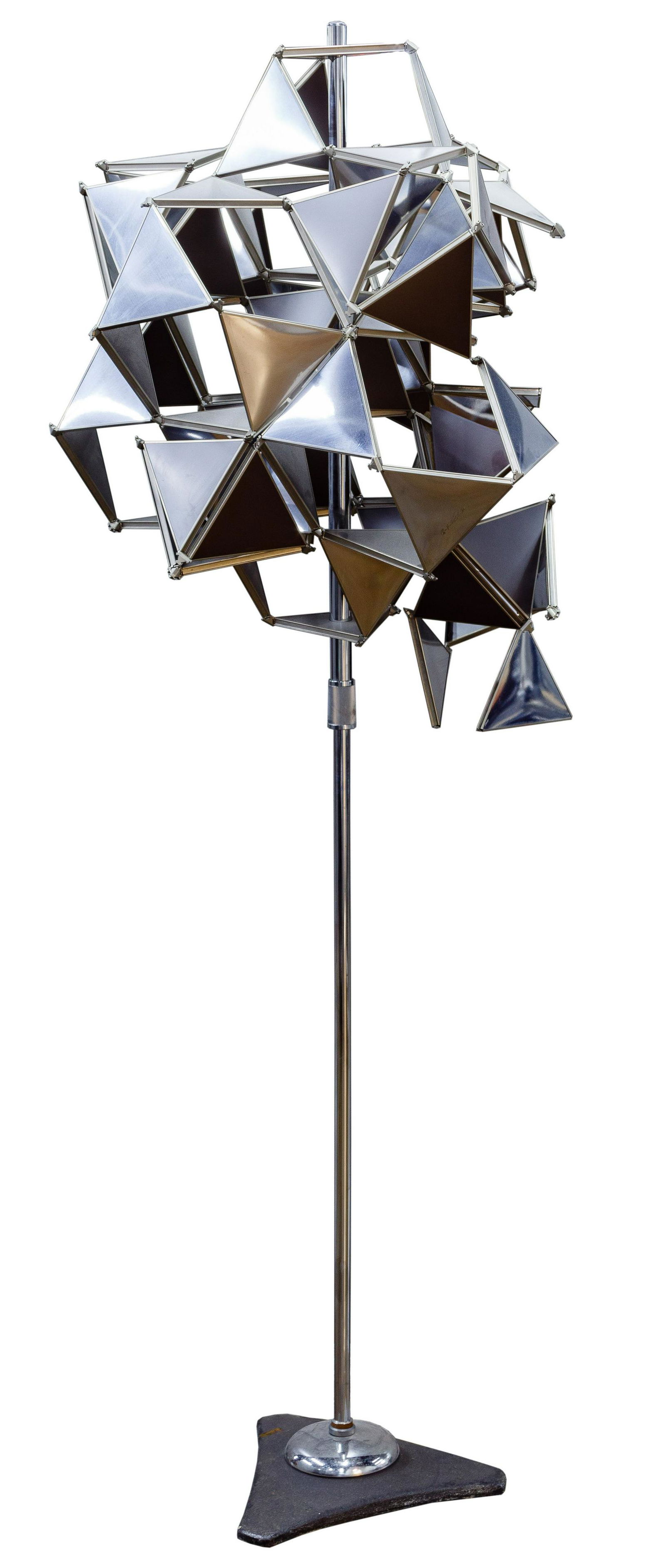 Buckminster Fuller (American 1895-1983) Sculpture: Buckminster Fuller (American 1895-1983) Sculpture Undated, signed on side panel, kinetic aluminum sculpture made from a complex of 'Jitterbug Atoms' that compress and expand; mounted on a floor stand