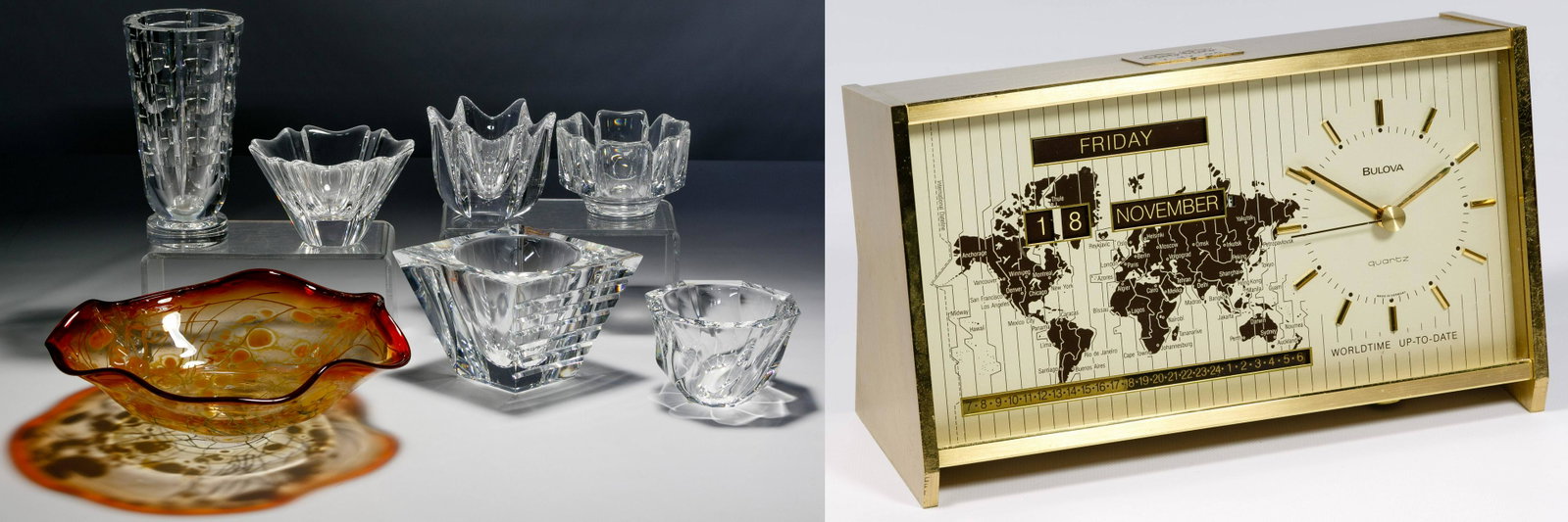 Orrefors Crystal Assortment: Orrefors Crystal Assortment Seven items including five bowls and a vase, all signed Orrefors; together with a free-form art glass bowl in tones of gold and red, dated 1994 illegibly signed on undersid