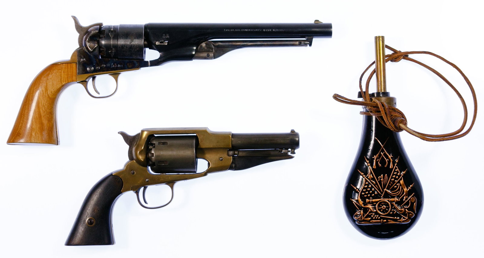Black Powder Revolver and Powder Flask Assortment: Black Powder Revolver and Powder Flask Assortment Three items including two Italian-made replicas including a steel and brass Remington .44 caliber revolver and a Colt 1860 Army .44 caliber revolver a
