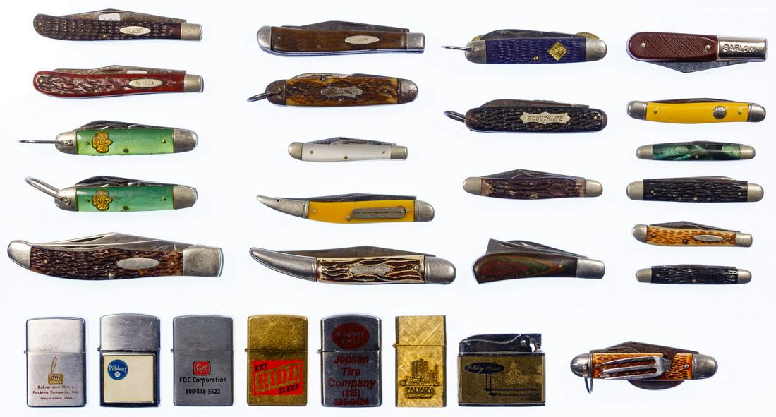 Pocket Knife and Cigarette Lighter Assortment: Pocket Knife and Cigarette Lighter Assortment Twenty-eight items including Case, Boker, Frost, Camillus, Colonialm, Western, Ulster, Sabre, Robeson, Boy Scout knives and eight advertising lighters inc