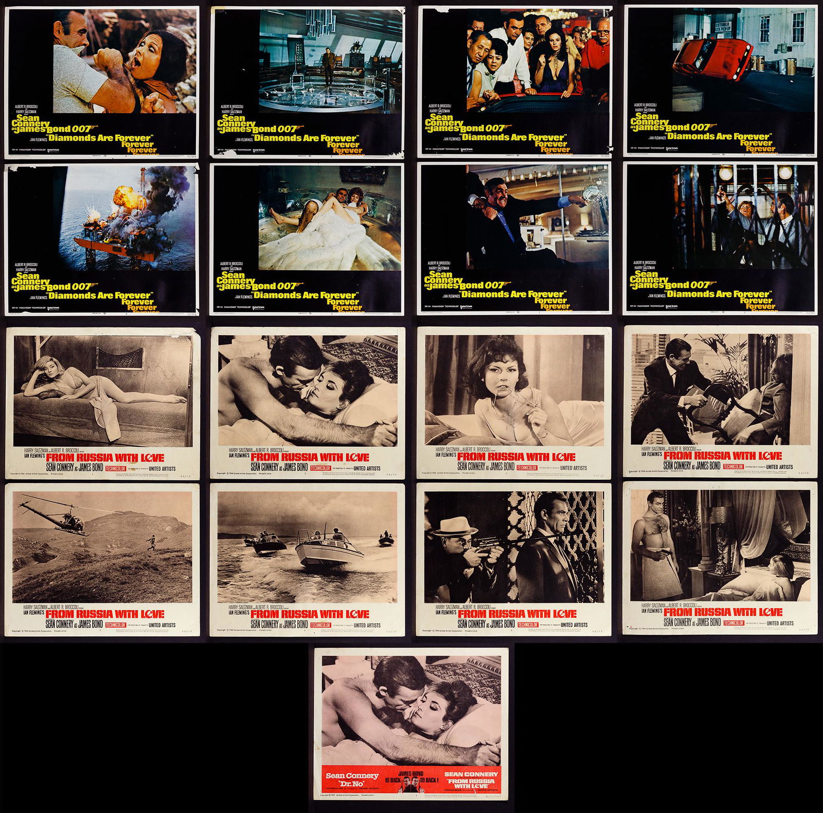 James Bond US Movie Lobby Card Assortment: James Bond US Movie Lobby Card Assortment Seventeen items including set of eight 'From Russia with Love' (1964), set of eight 'Diamonds are Forever' and one card from 'Dr. No' Condition: Very Good to