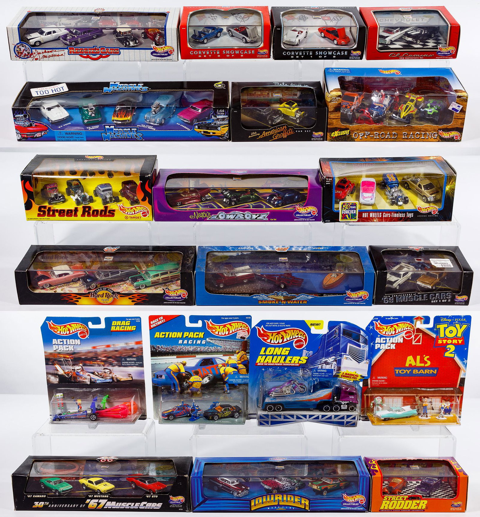 Mattel 'Hot Wheels' Toy Car Assortment: Mattel 'Hot Wheels' Toy Car Assortment Twenty sets including 'Classic Cars' , 'Drag Racing', 'Low Riders', all in original packaging Condition: Very Good, light wear, some packaging bent, faded, items