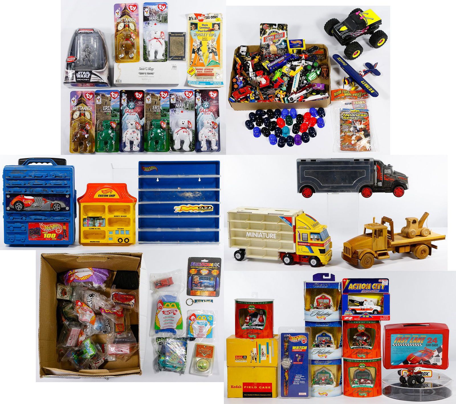 Toy Vehicle Assortment: Toy Vehicle Assortment Including 'Hot Wheels' Travel Car Case #20375 and matching display stand, 'Hot Wheels' Custom Shop display stand, six examples 'Holiday Hot Wheels' having original unopened pack