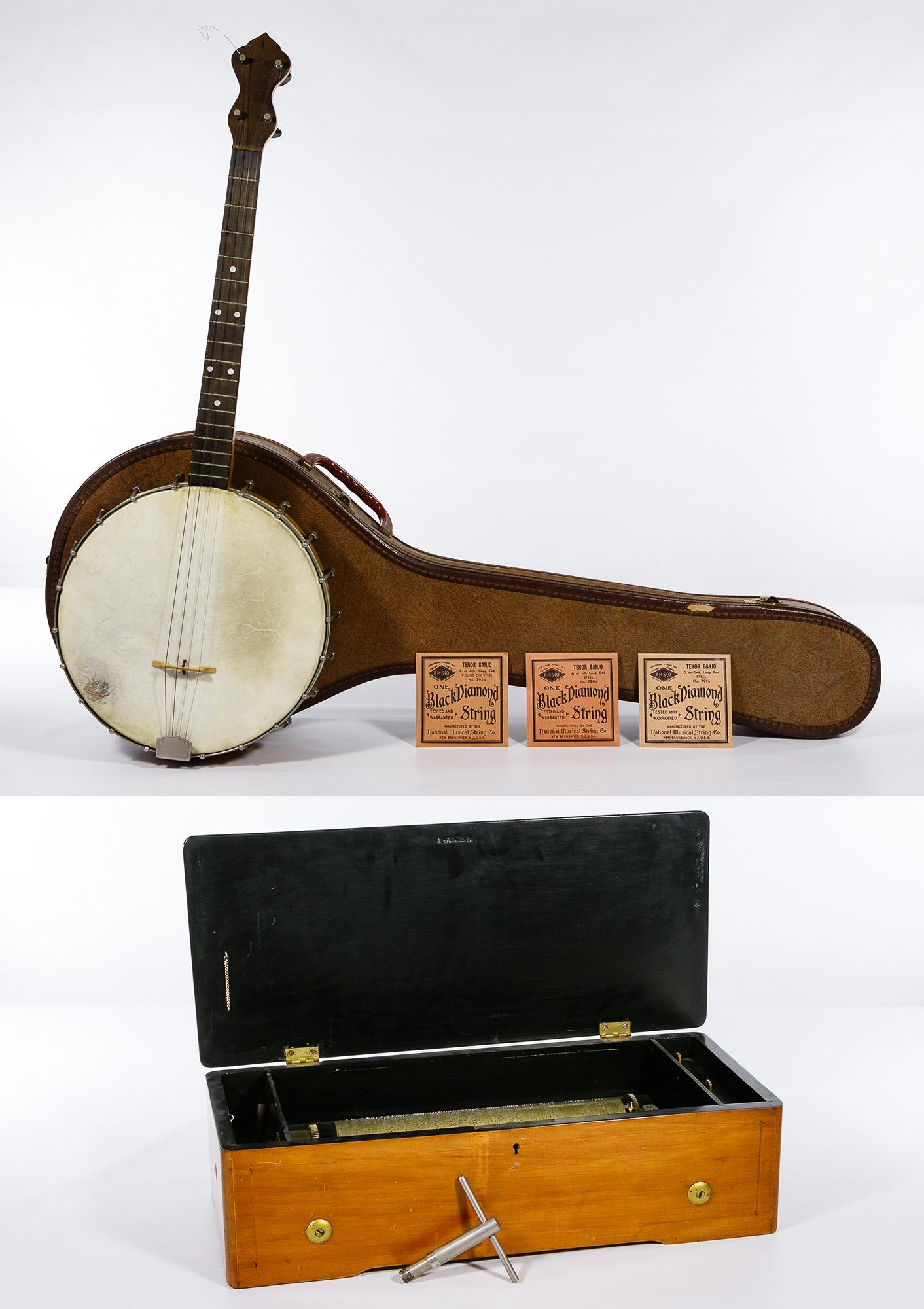 Wood Cased Music Box and Slingerland Banjo: Wood Cased Music Box and Slingerland Banjo Music box having wood inlay on lid depicting musical instruments and flowers, brass bolts to front and back and locking and winding keys as well as a birds e