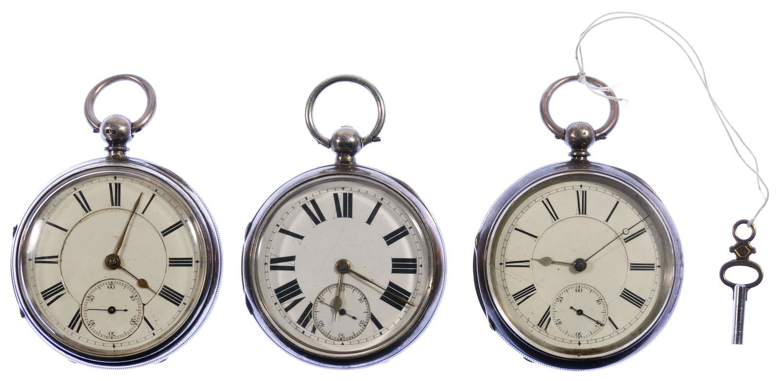 English Sterling Silver Open Face Pocket Watch: English Sterling Silver Open Face Pocket Watch Assortment Three watches having sterling silver cases; one watching having a key; all three marked with a left facing lion Condition: Very Good to Good,