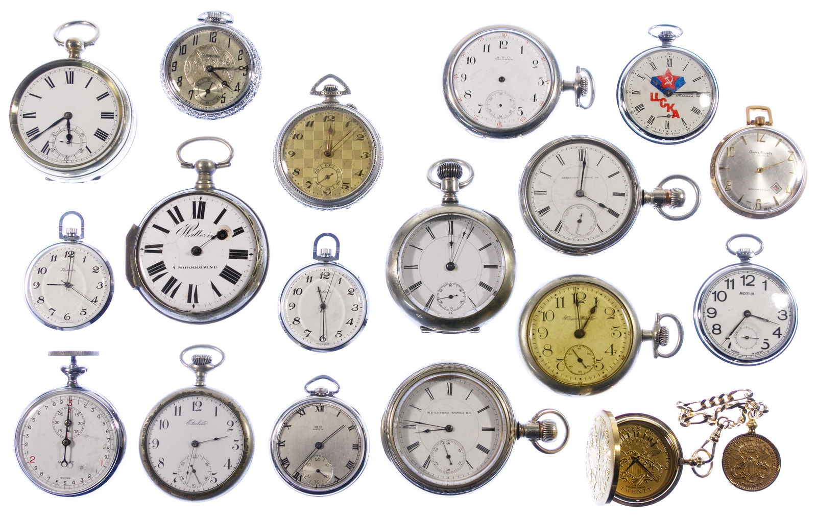Pocket Watch Assortment: Pocket Watch Assortment Eighteen items including New York Standard Watch Co., Andre Rivalle, Excelsior, a Gallet stopwatch, two marked Made in USSR Condition: Good to Fair, most items showing moderate