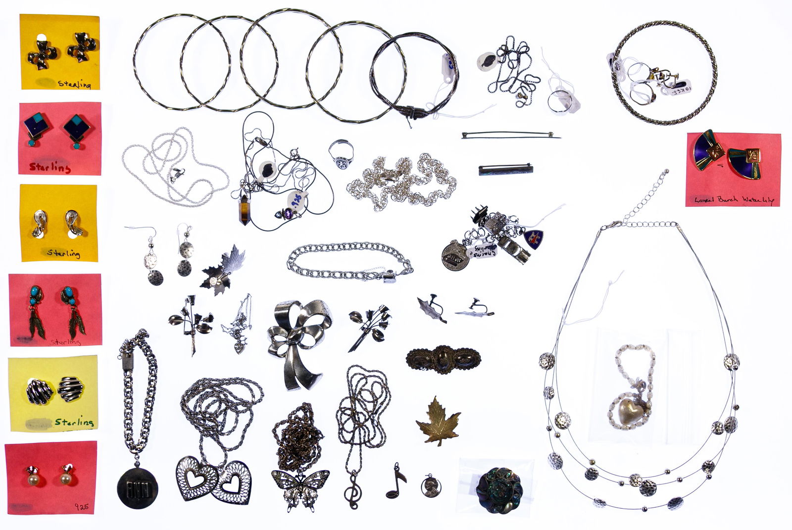 Sterling Silver and Costume Jewelry Assortment: Sterling Silver and Costume Jewelry Assortment Including bracelets, earrings, necklaces, chains, pins, all marked 'sterling' or '925' as well as a 'Miriam Haskell' bracelet and gold filled costume jew