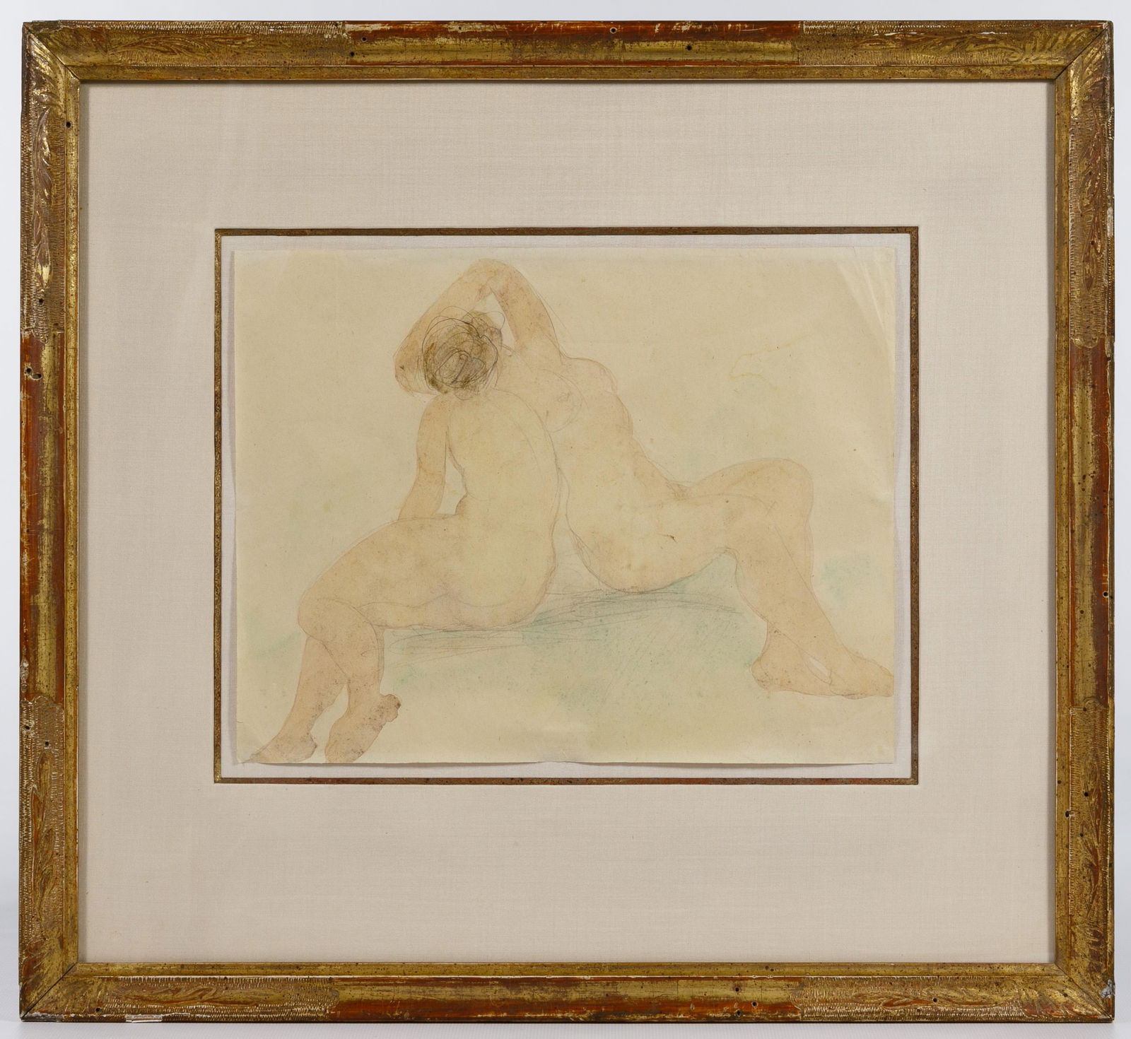 Auguste Rodin (French, 1840-1917) "Design" Watercolor: Auguste Rodin (French, 1840-1917) 'Design' Watercolor Undated, signed lower right, depicting two nude female figures; attached label from World House Galleries en verso; including receipt from World H