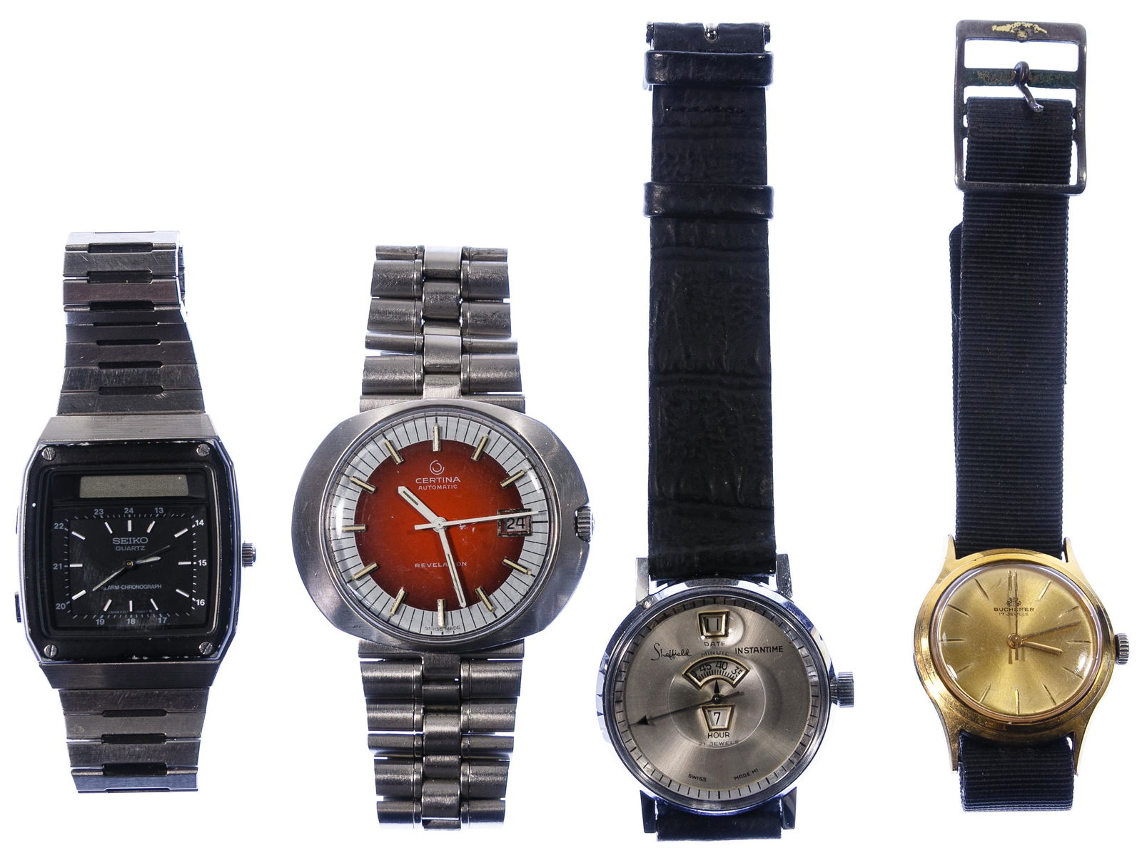 Wrist Watch Assortment: Wrist Watch Assortment Four watches including Certina 'Revelation' automatic, Seiko quartz alarm chronograph, Sheffield 'Instantime' 21-jewel movement and Bucherer 17-jewel movement Condition: Very Go