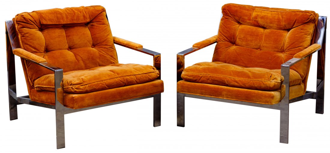 (Attributed to) CY Mann Chrome and Velvet Chairs: (Attributed to) CY Mann Chrome and Velvet Chairs Two matching club chairs having button tufted orange upholstery; one having a Marshall Fields tag Condition: Very Good, overall light wear consistent w