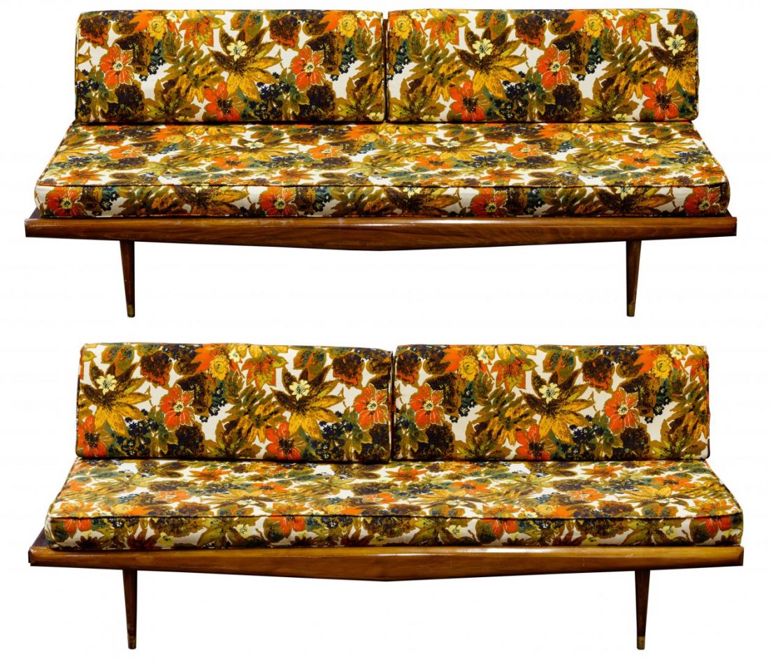 Danish Modern Wood Daybeds: Danish Modern Wood Daybeds Two daybeds having varnished wood, bent wood backrest attachments, metal spring supports, brass feet and detachable floral cushions Condition: Good, overall light wear consi