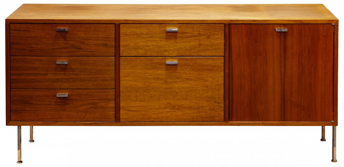 Harvey Probber Walnut Credenza: Harvey Probber Walnut Credenza c.1970, walnut with chrome trim; right legs a continuation of chrome straps at side; the left section having three drawers, the middle section having two drawers with on