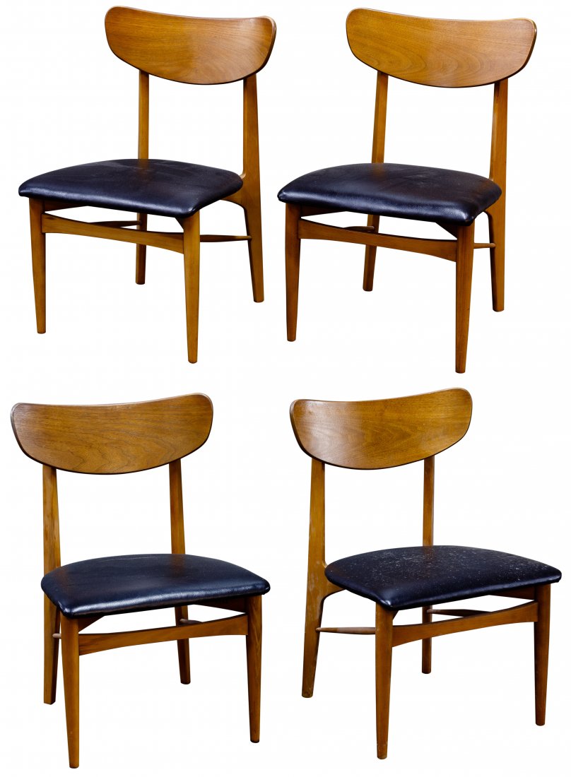 Morganton: Morganton 'Copenart' Chair Collection c.1950, MCM Scandinavian modern, set of four teak chairs with original black vinyl seats, makers mark stamped on chair bottom Condition: Very Good to Good, no dam