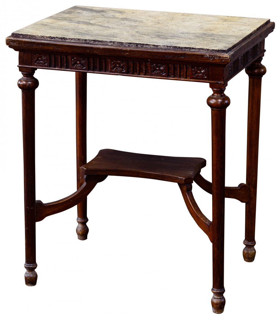 European Style Wood and Stone Side Table: European Style Wood and Stone Side Table Having turned legs suspending a small lower shelf, carved rosettes on aprons and a beige stone top Condition: Good, overall light wear consistent with age and