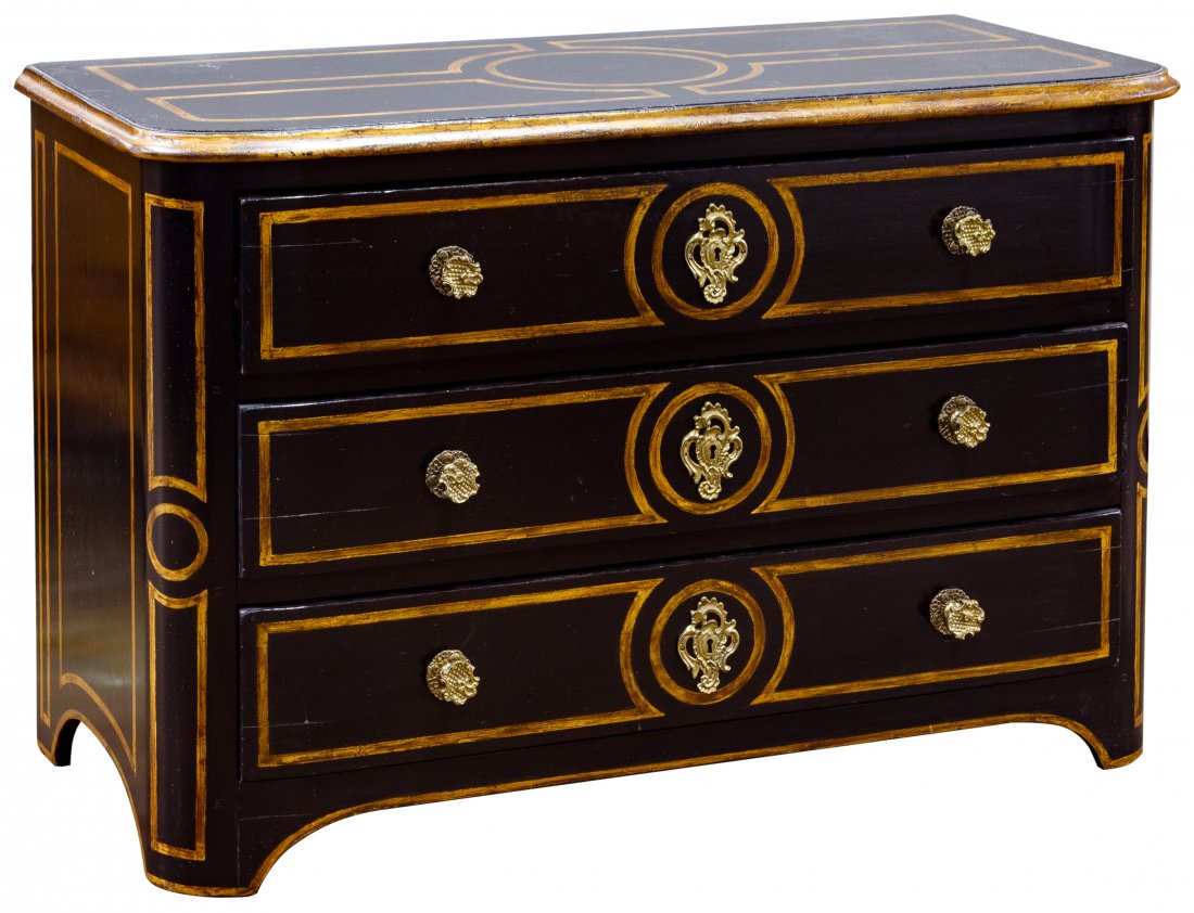Hollywood Regency Painted Wood Dresser: Hollywood Regency Painted Wood Dresser Having a black field with patina-gold painted trim, three locking drawers, brass hardware and a skeleton key Condition: Good, overall moderate wear; locks inoper