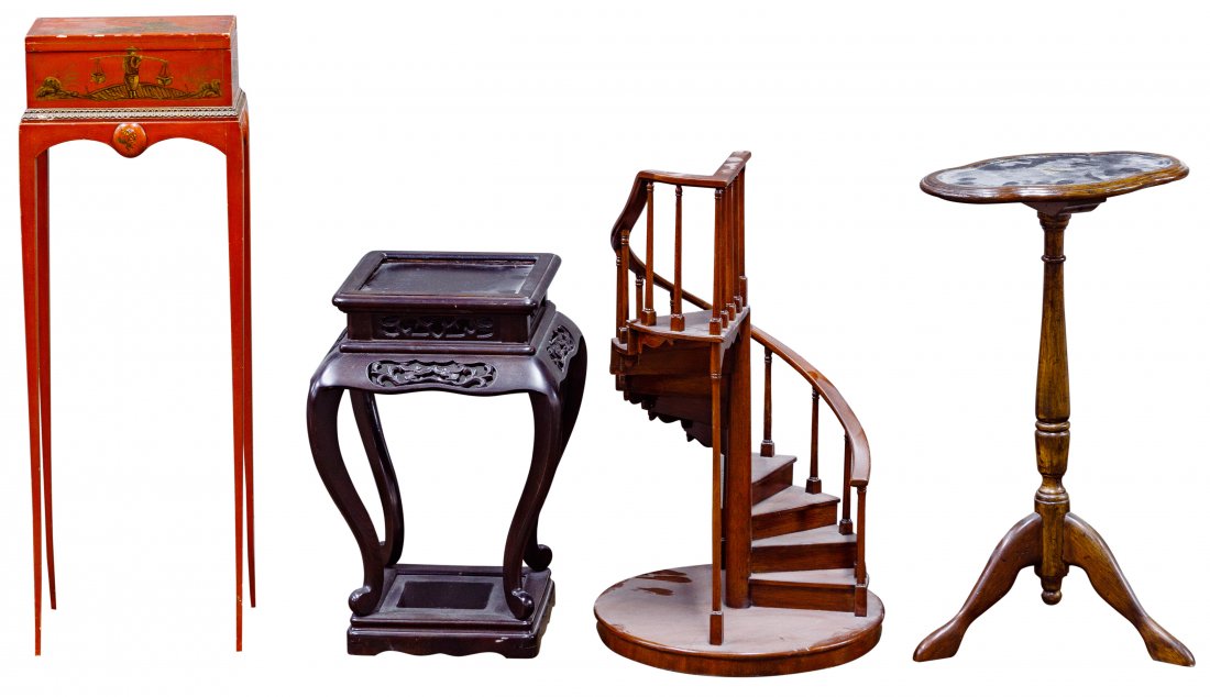 Staircase and Table Assortment: Staircase and Table Assortment Four items including a mahogany display staircase, oval candle stand having black leather insert, Asian hand painted red table having hinged lid and Asian style plant st