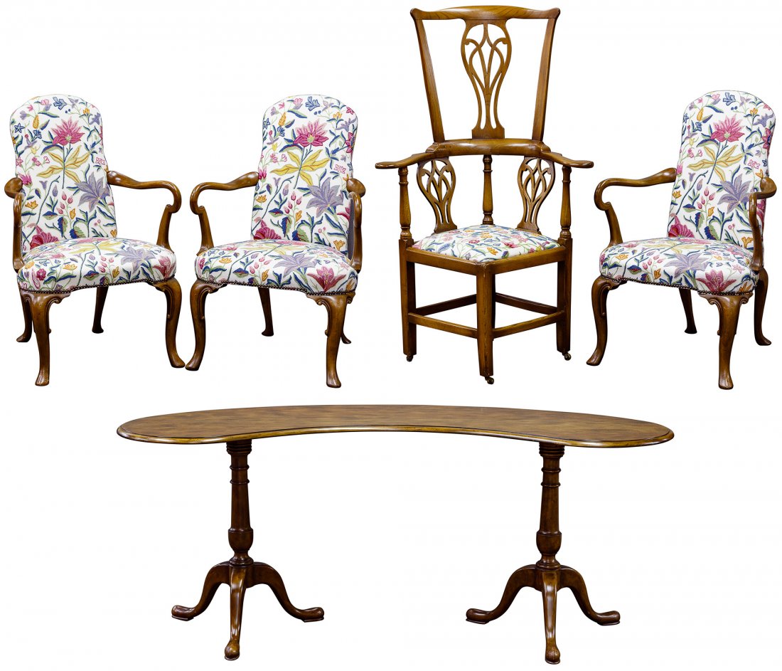 Baker Queen Anne Desk and Office Chair Assortment: Baker Queen Anne Desk and Office Chair Assortment c.1970, five items including a double pedestal kidney shaped desk, three armchairs having goose neck arms, crewel on linen floral upholstered seats an