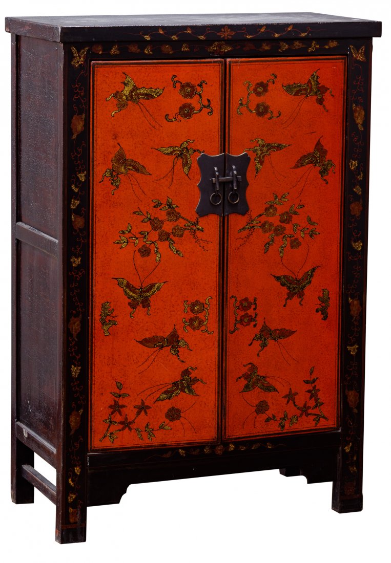 Asian Style Cabinet: Asian Style Cabinet Having two doors, a shelf, bar lock on hardware; distress painted red and black, floral and butterfly motif Condition: Good, overall moderate wear consistent with age and normal us