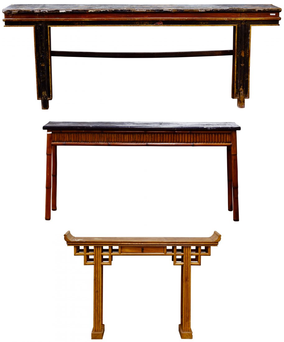 Asian Style Console Table Assortment: Asian Style Console Table Assortment Three tables including a painted wood having floral and scroll decoration; a bamboo base with painted wood top; and oak with a front drawer and metal hardware Cond