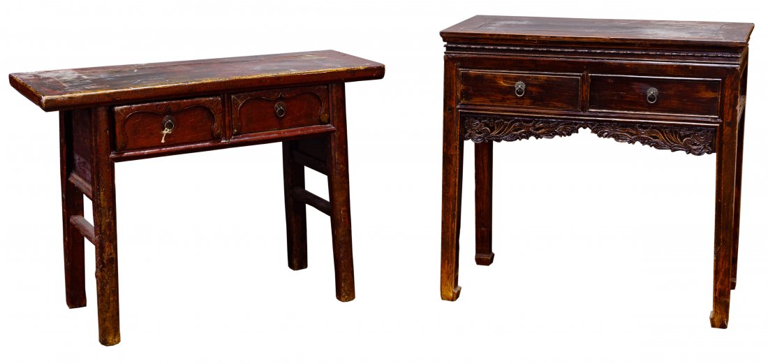 Asian Style Console Tables: Asian Style Console Tables Two tables including a 19th century hand carved elm wood having two drawers and hardware as well as a painted red two drawer with hardware Condition: Good, overall moderate 