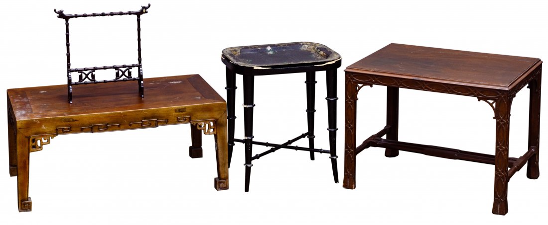 Asian Style Furniture Assortment: Asian Style Furniture Assortment Four items including a faux bamboo stand fitted to a Victorian tole tray, a Chinese Chippendale style low table, a small stand and an Asian style cocktail table Condit