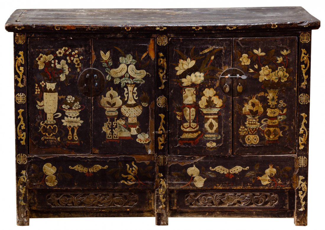 Asian Style Lacquered Wood Console Cabinet: Asian Style Lacquered Wood Console Cabinet Having four doors and an internal shelf as well as two drawers; exterior decorated in black lacquer, a painted botanical motif, metal hardware and a floral c