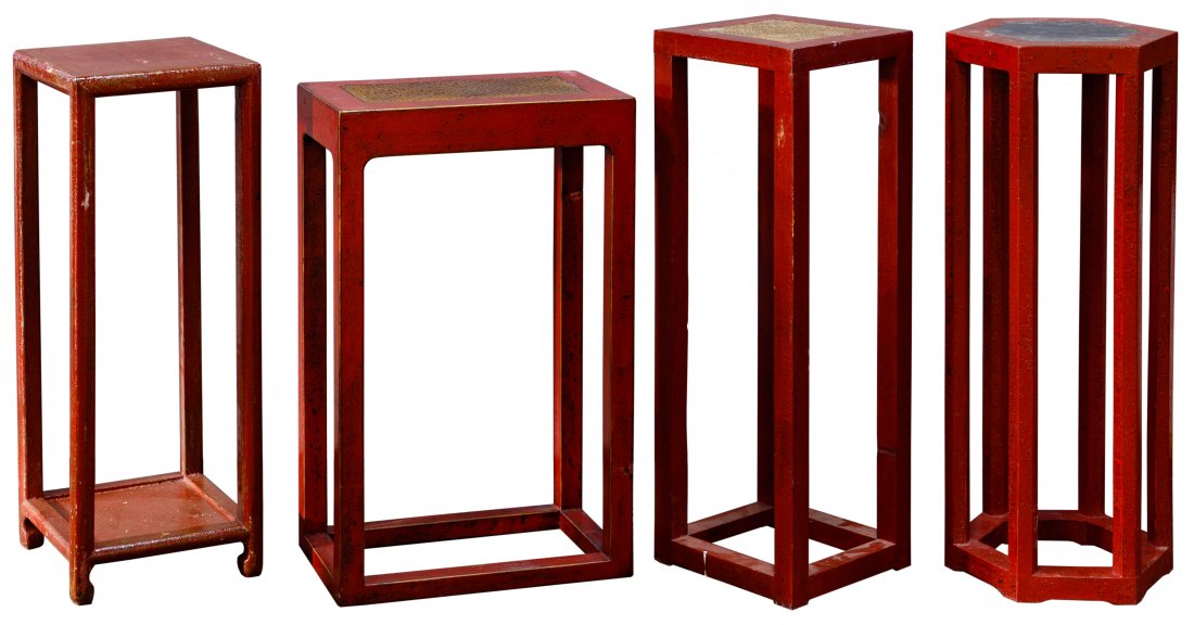 Asian Style Red Stand Assortment: Asian Style Red Stand Assortment Four stands including two square, rectangle and octagon Condition: Very Good to Good, all having chips and areas of paint loss Height: 35.50 inches (tallest) Category: