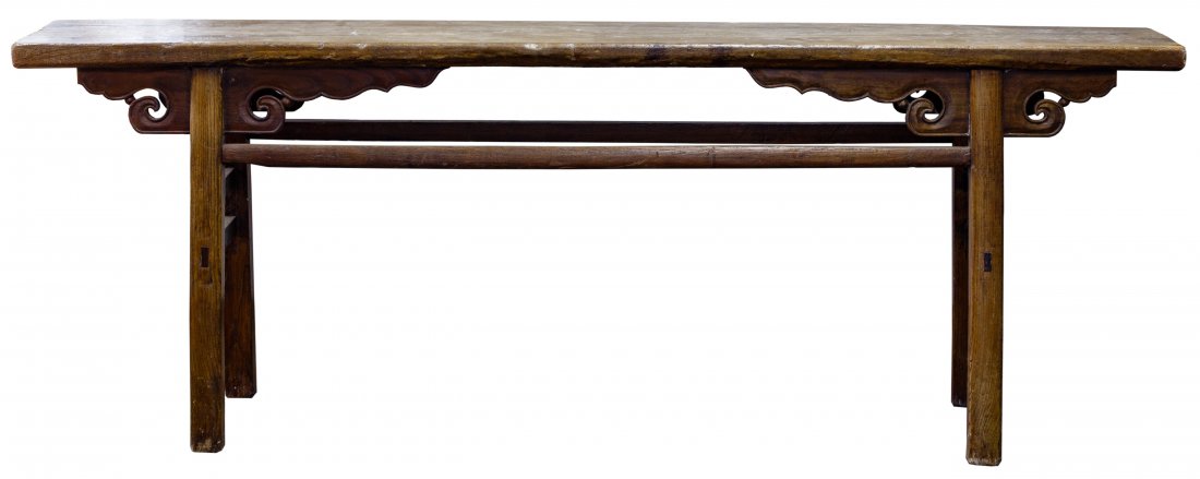 Asian Style Rustic Wood Console Table: Asian Style Rustic Wood Console Table Having a medium brown tone, carved scrolled apron and angled legs; marked with Asian characters on underside Condition: Good, overall light wear consistent with a