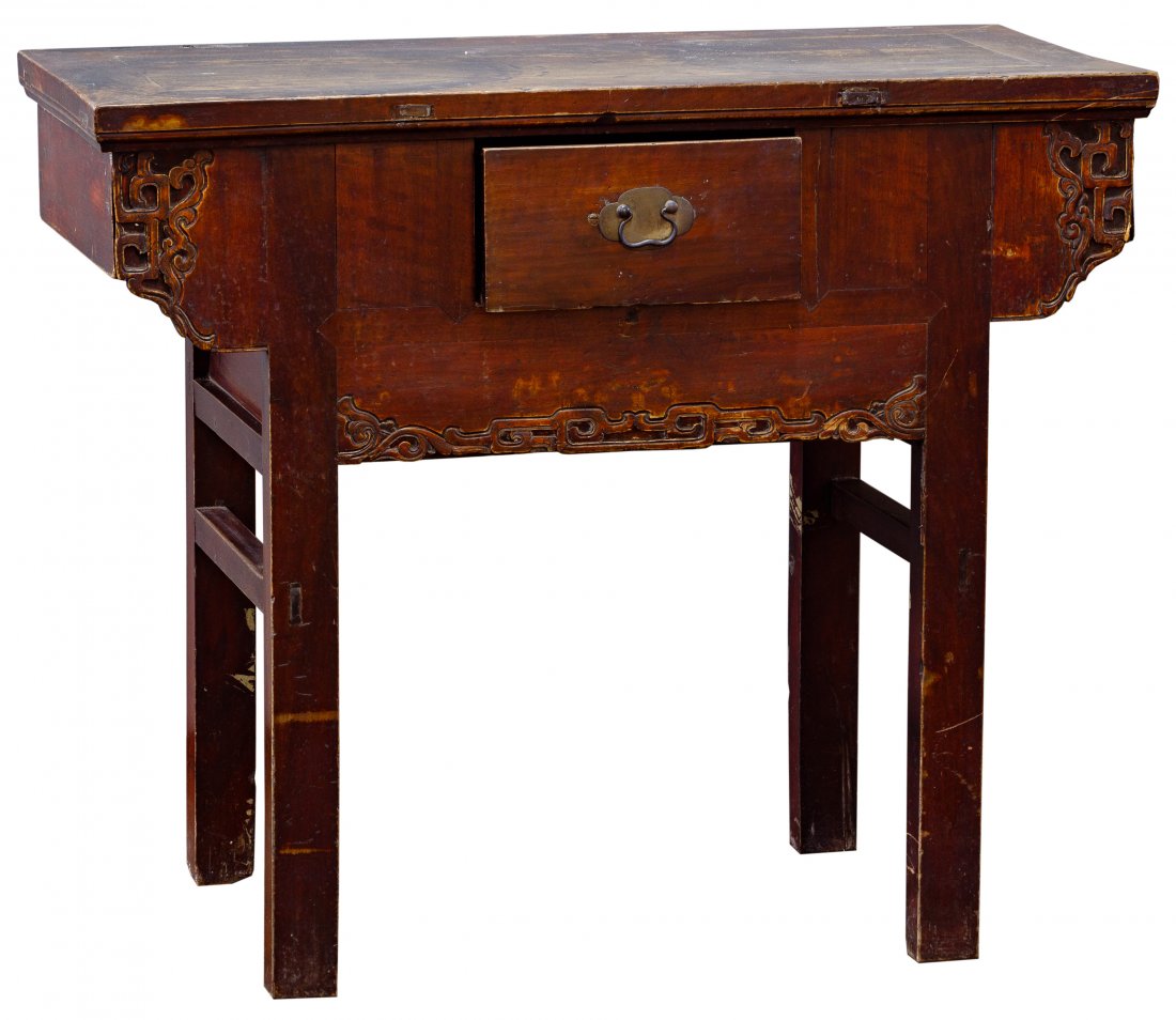 Asian Style Side Table: Asian Style Side Table Painted red having a scroll motif and drawer Condition: Very Good, overall moderate wear associated with age; small chips throughout; paint loss throughout Height: 34.00 inches,