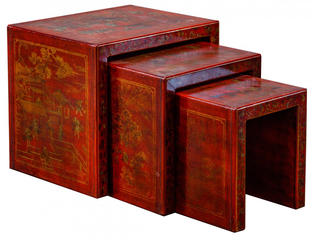 Asian Style Wood Nesting Tables: Asian Style Wood Nesting Tables Three painted red tables having waterfall edges, decorative village motifs to all sides Condition: Very Good, overall light wear consistent with age and normal use; lig