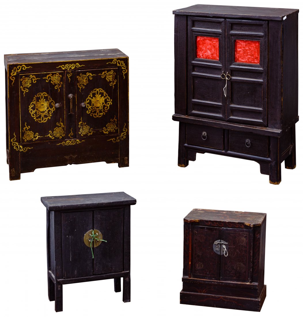 Asian Style Wood Table Top Cabinet Assortment: Asian Style Wood Table Top Cabinet Assortment Four cabinets including one having two doors, two drawers and metal hardware; one having two doors and metal hardware; and two having two doors, metal har