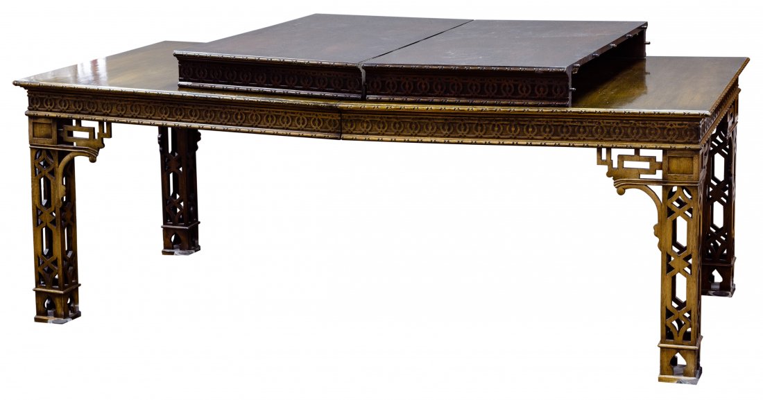 Chinese Chippendale Style Walnut Dining Table: Chinese Chippendale Style Walnut Dining Table Having carved open and blind fretwork, two twenty-four inch leaves Condition: Very Good to Good, overall light wear consistent with age and normal use, ta