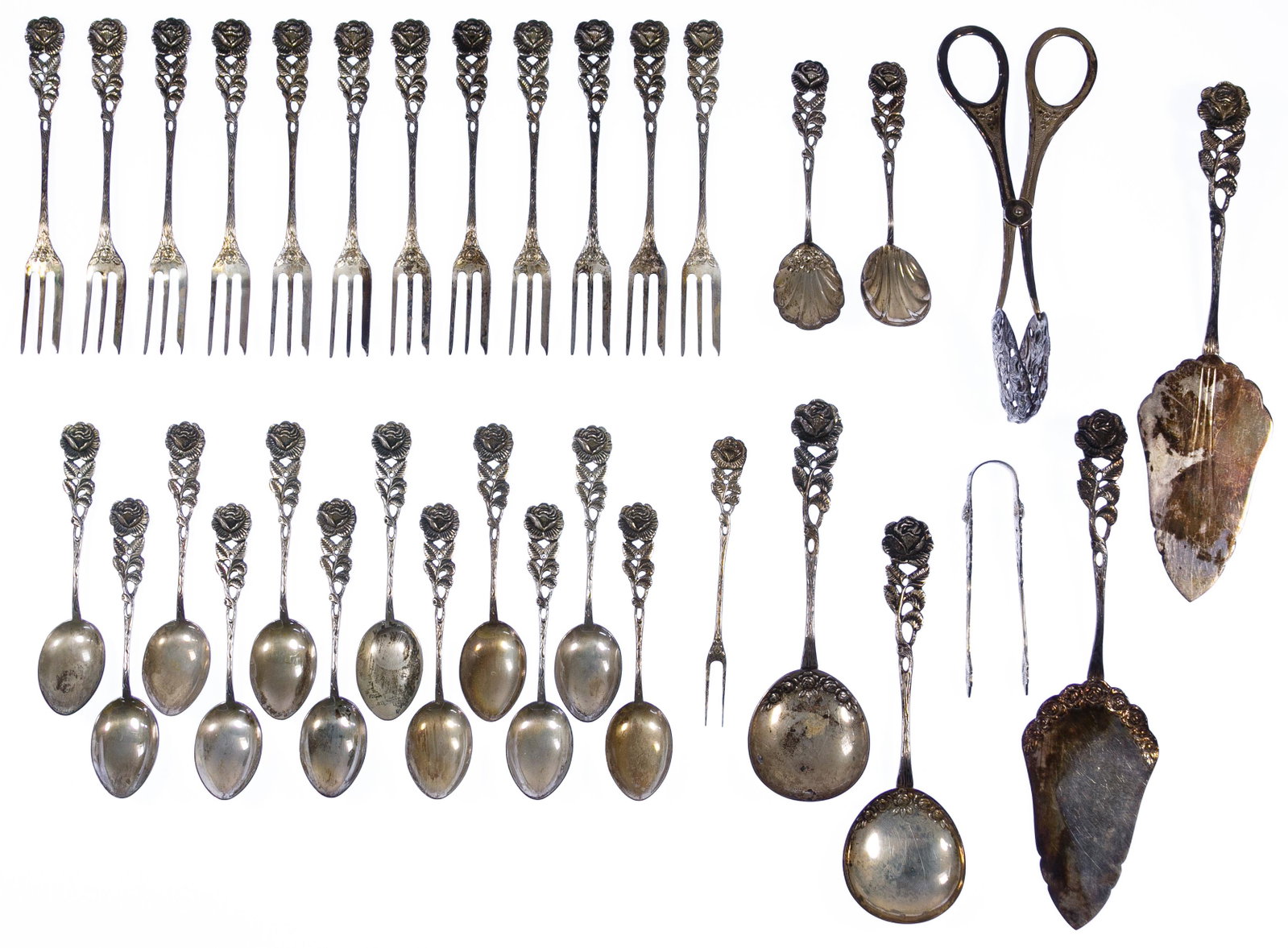 European Silver (800) Dessert Assortment: European Silver (800) Dessert Assortment Rose pattern including (12) demitasse spoons, (12) pastry forks, an lemon fork, (2) sugar spoons, (2) serving spoons, (2) pastry servers, a sugar tongs and a s