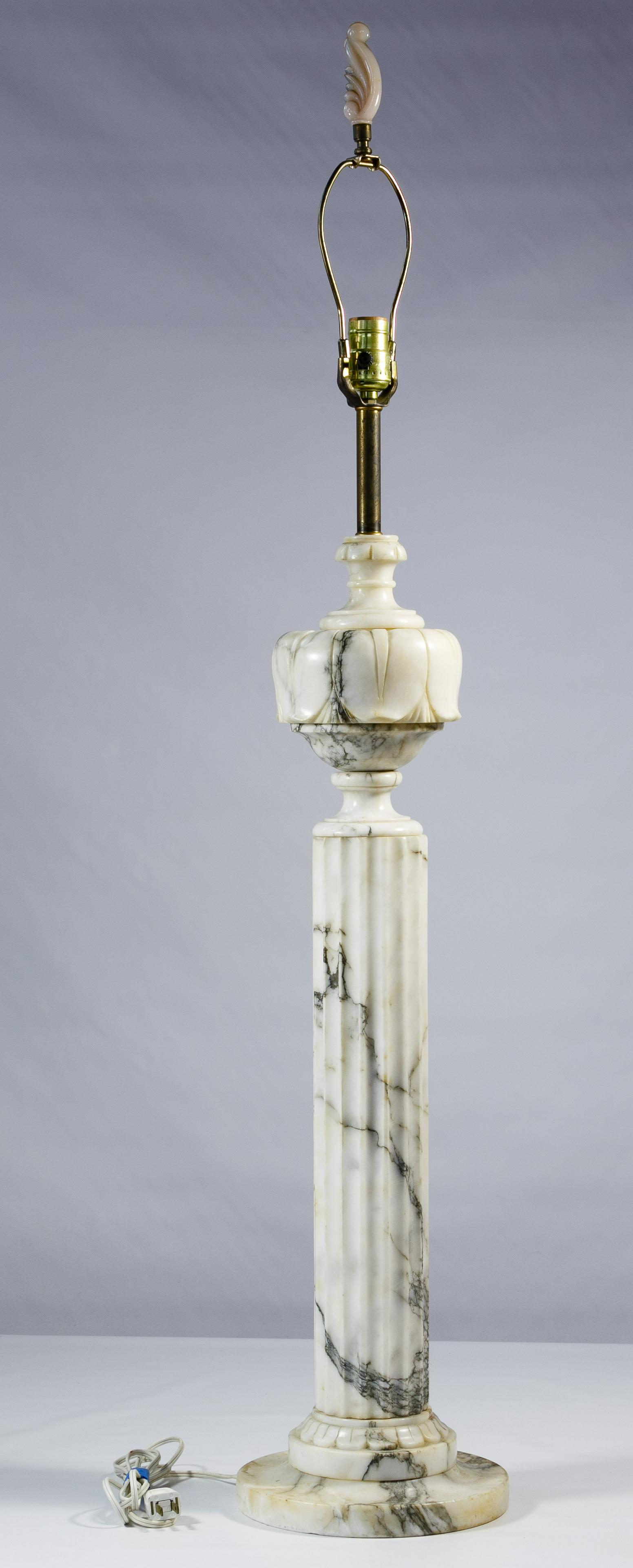Marble Table Lamp: Marble Table Lamp White marble having gray veins, column style table lamp, brass tube attaches to bulb base Condition: Very Good, overall light wear consistent with age and normal use, minor nicks alo