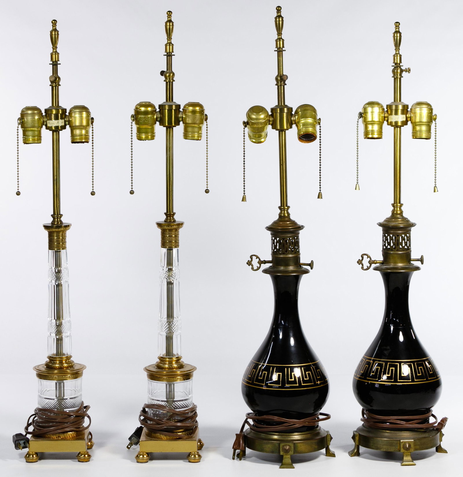 Warren Kessler Neoclassical Lamp Assortment: Warren Kessler Neoclassical Lamp Assortment Four lamps including a matching pair having cut glass and gilt metal; another matching pair having ceramic vases, gold Greek key decoration and brass decora